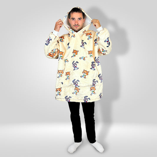 A cozy Furry Friends Snuggle Wrap wearable blanket featuring a delightful design